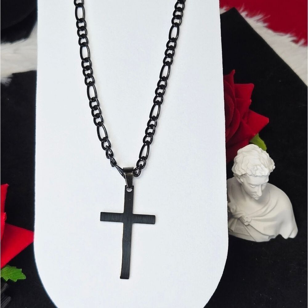 Black Cross Pendant Figaro Chain Necklace 5mm Stainless Steel 24" Minimal Drip